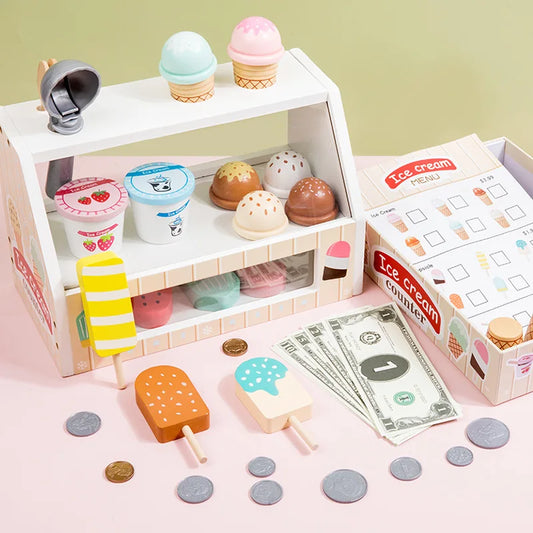 Wooden Simulated Ice Cream Set: Montessori Kitchen Accessories for Kids Pretend Play