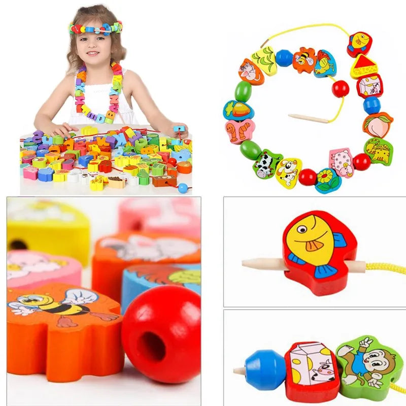 Wooden Toys Cartoon Fruit Animal Stringing Threading - The Little Big Store