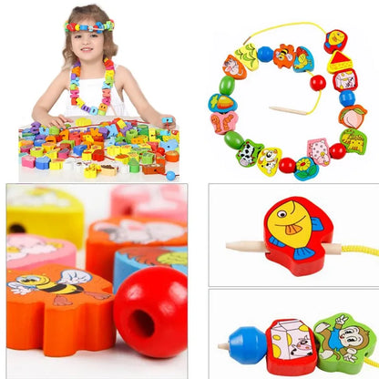 Wooden Toys Cartoon Fruit Animal Stringing Threading - The Little Big Store