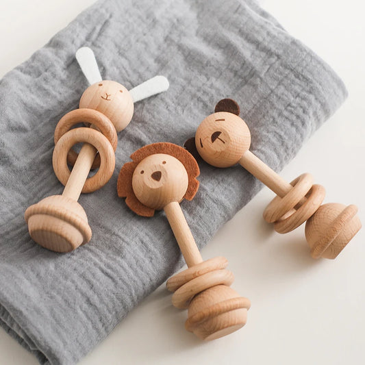 Wooden Animal Rattle Teether: Charming Baby Toy for 0-12 Months!