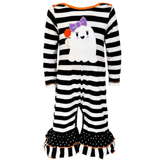 AnnLoren Baby Girls Friendly Ghost Halloween Striped Cotton Romper - The Little Big Store