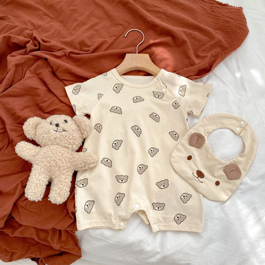 Baby Bear Pattern Removable Drooling Towel Summer Romper - The Little Big Store