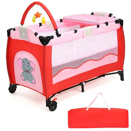 Baby Crib Playpen Playard Foldable Bassinet Infant Bed Pink - The Little Big Store