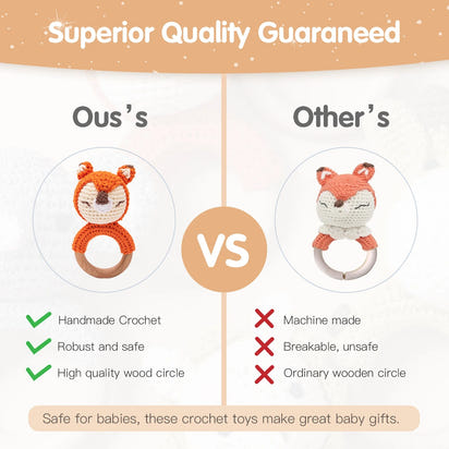 Baby Teether Music Rattle: Adorable Animal Crochet Elephant and Giraffe with Wooden Ring for Montessori Play! - The Little Big Store