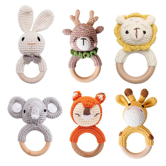 Baby Teether Music Rattle: Adorable Animal Crochet Elephant and Giraffe with Wooden Ring for Montessori Play! - The Little Big Store