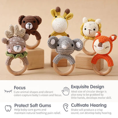 Baby Teether Music Rattle: Adorable Animal Crochet Elephant and Giraffe with Wooden Ring for Montessori Play! - The Little Big Store