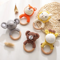 Baby Teether Music Rattle: Adorable Animal Crochet Elephant and Giraffe with Wooden Ring for Montessori Play! - The Little Big Store