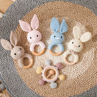 Baby Teether Music Rattle: Adorable Animal Crochet Elephant and Giraffe with Wooden Ring for Montessori Play! - The Little Big Store