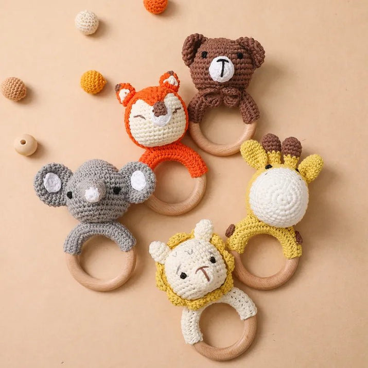 Baby Teether Music Rattle: Adorable Animal Crochet Elephant and Giraffe with Wooden Ring for Montessori Play! - The Little Big Store