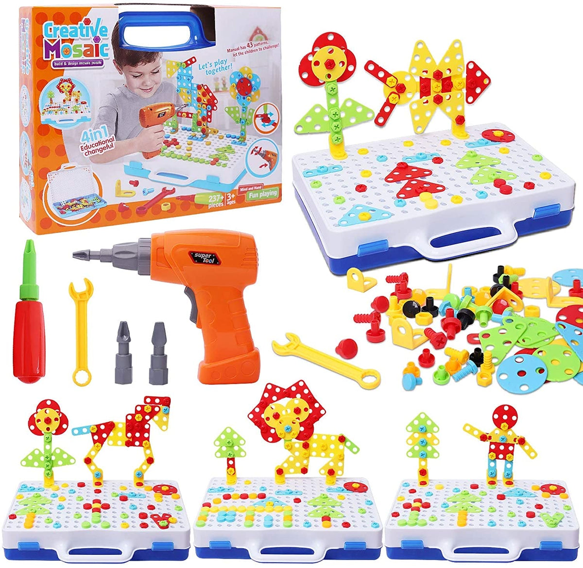 STEM mosaic drill set with tools, pieces and sample builds