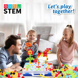 Family collaborating with colorful STEM drill building set
