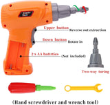 Orange reversible toy drill with two AA batteries not included
