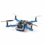 Assembled blue DIY drone with four motors and black and white propellers