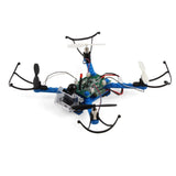 Blue DIY drone with curved propeller guards and exposed central electronics