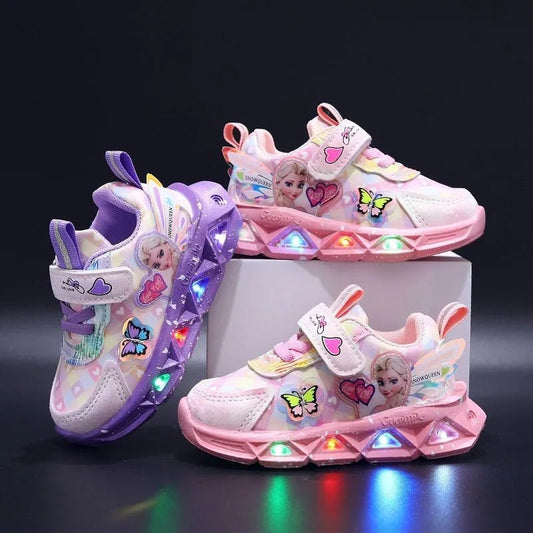 Enchanting Disney LED Sneakers: Girls' Frozen Elsa Princess Print Shoes for Magical Adventures! - The Little Big Store