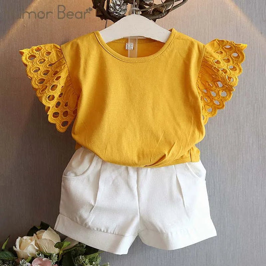 Humor Bear Girls Clothing Set New Summer Flower Hollow sleeve Tops +Shorts Kids Suits - The Little Big Store