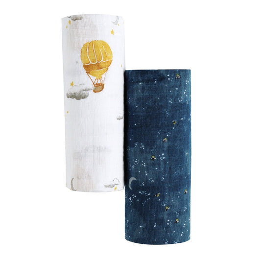 ORGANIC SWADDLE SET - FLY ME TO THE MOON (Starry Night + Hot Air - The Little Big Store