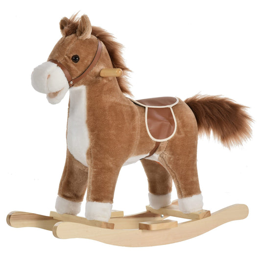Qaba Rocking Horse Plush Animal on Wooden Rockers, Baby Rocking Chair with Sounds, Moving Mouth, Wagging Tail, Brown - The Little Big Store