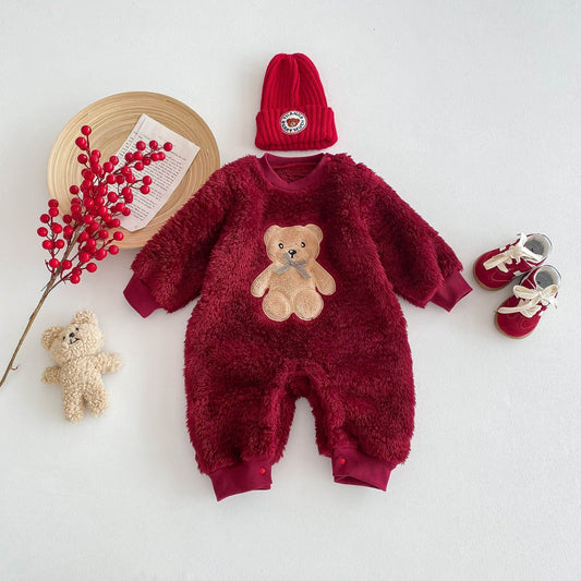 Snuggle-Ready Style: Cute and Cozy Baby Teddy Bear Romper for Autumn/Winter Adventures – Ravishing Red Edition! - The Little Big Store